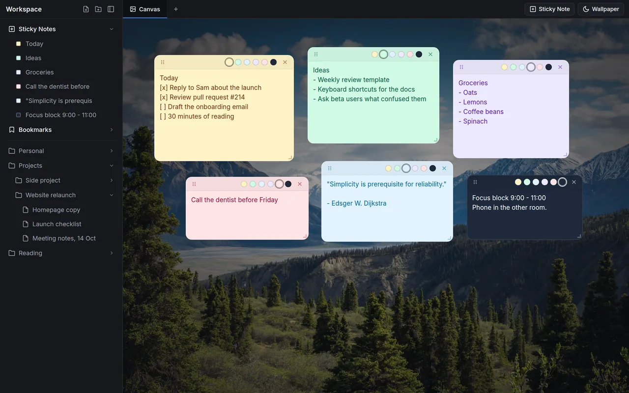 Six sticky notes in different colors on a forest wallpaper, with the same notes listed in the sidebar.