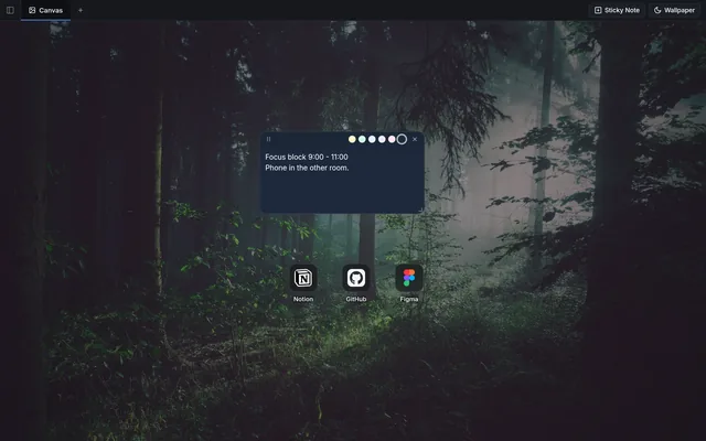 Misty forest wallpaper with a dark sticky note and three shortcuts.
