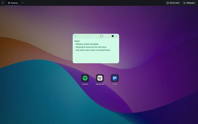 Purple abstract wallpaper with a green sticky note and three shortcuts.